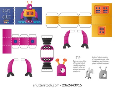 Cut and glue robot toy vector illustration, worksheet. Paper craft and diy riddle with funny cartoon robotic character for preschool kids. Cutout activity for children