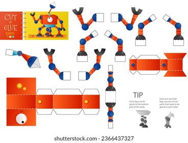 Cut and glue robot toy vector illustration, worksheet. Paper craft and small pieces riddle with funny robotic character for kindergarten kids. Cutting activity for children