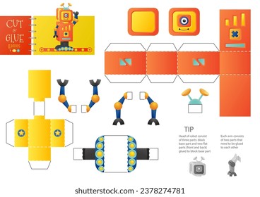 Cut and glue robot toy vector illustration, worksheet. Paper craft and small pieces model with funny robotic character for kindergarten kids. Cutting activity for children