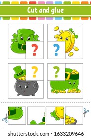 Cut and glue. Set flash cards. Hat, coin, pot, boot. Education worksheet. Activity page. St. Patrick's day. Game for children. Cartoon character. Isolated vector illustration.