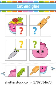 Cut and glue. Set flash cards. Color puzzle. Education developing worksheet. Activity page. Game for children. Funny character. Isolated vector illustration. Cartoon style.