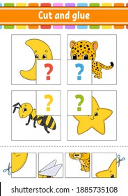 Cut and glue. Set flash cards. Color puzzle. Education developing worksheet. Activity page. Game for children. Funny character. Isolated vector illustration. Cartoon style.