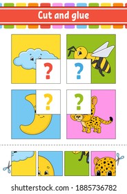Cut and glue. Set flash cards. Color puzzle. Education developing worksheet. Activity page. Game for children. Funny character. Isolated vector illustration. Cartoon style.
