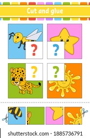 Cut and glue. Set flash cards. Color puzzle. Education developing worksheet. Activity page. Game for children. Funny character. Isolated vector illustration. Cartoon style.