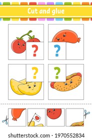 Cut and glue. Set flash cards. Color puzzle. Education development worksheet. Activity page. Game for children. Funny character. Isolated vector illustration. Cartoon style.