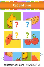 Cut and glue. Set flash cards. Color puzzle. Education developing worksheet. Activity page. Game for children. Funny character. Isolated vector illustration. Cartoon style.