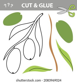Cut and glue - Simple game for kids. Fruits and vegetables, olives branch.