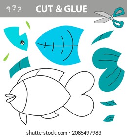Cortar y pegar - Juego simple para los niños. Utilice tijeras y pegamento y restaure la imagen dentro del contorno. Juego de papel para niños con peces