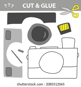 Cut and glue - Simple game for kids. Camera front view. Education paper game for preshool children. Vector illustration.