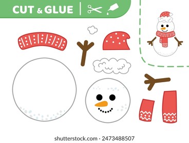 Cut and glue. Snowman in red scarf and hat.  Applique. Cute snowman. Paper game. Cartoon, Isolated vector illustration eps 10