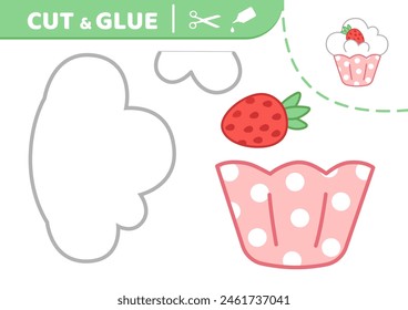 Cut and glue. Strawberry cupcake. Sweet strawberry dessert. Applique. Paper game. Vector
