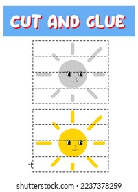 Cortar y pegar sol. Juego infantil educativo, hoja de cálculo imprimible.Rompecabezas con sol