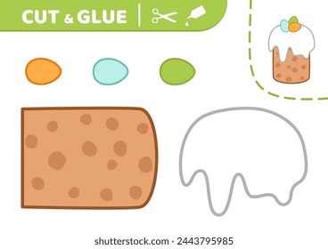 Cut and glue. Tall Easter cake decorated eggs and white glaze. Applique. Paper game. Cartoon. Isolated vector illustration eps 10