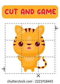 Cut and glue tiger. Educational children game, printable worksheet. Puzzles with animals