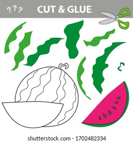 Cut and glue. Use scissors and glue and restore the picture inside the contour. Easy paper game for kids. Simple kid application with Watermelon