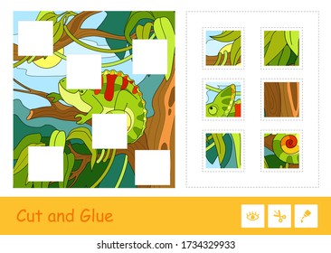 Cut and glue vector puzzle learning children game with colorful image of cute chameleon sitting on a tree in a rainforest. Animals-related educational activity for kids.