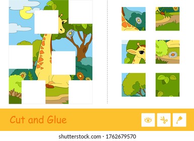 Cut and glue vector puzzle learning children game with colorful image of a giraffe eating a flower in a woodlands, divided into several parts. Wild animals educational activity for kids.