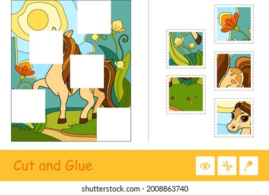 Cut and glue vector puzzle learning children game with colorful image of cute skewbald horse in the meadow. Animals-related educational activity for kids.