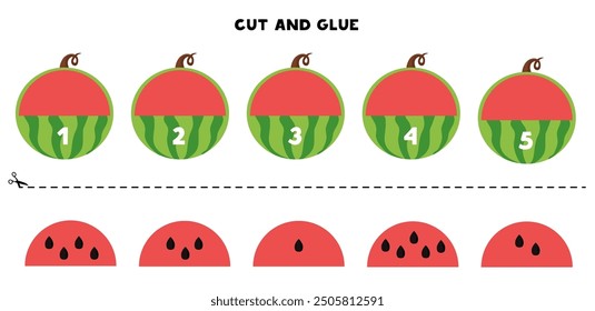 Cut and glue watermelon halves. Matching and logical game for preschool kids.