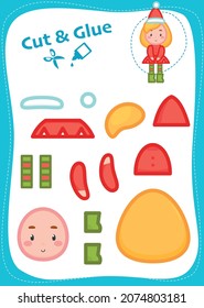 Cut and Glue Worksheet. Education paper game. Christmas Elf Girl