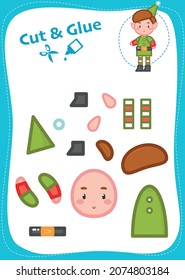 Cut and Glue Worksheet. Education paper game. Christmas Elf boy