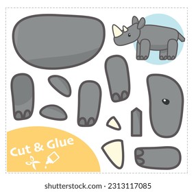 Cut and Glue Worksheet. Education paper game. Rhinoceros