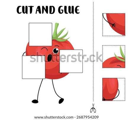 Cut and glue worksheet featuring a happy tomato with square cutouts for children to match and paste