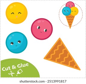 Cut and Glue Worksheet. Ice cream. Scissors practice for preschoolers. Education paper game. 
