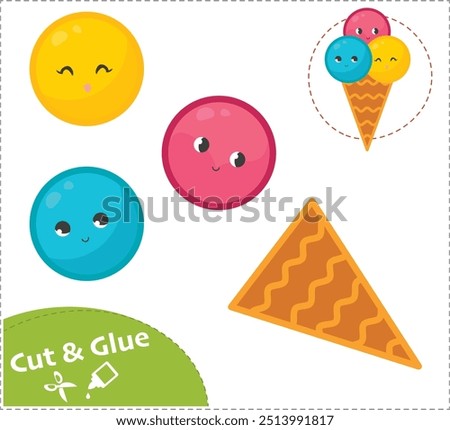 Cut and Glue Worksheet. Ice cream. Scissors practice for preschoolers. Education paper game. 
