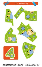 Cut and glue worksheet: number 4.  Educational game for kids. Learning numbers.