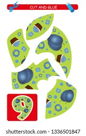 Cut and glue worksheet: number 9.  Educational game for kids. Learning numbers.