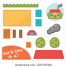 Hoja de trabajo de corte y ajuste. Las tijeras se practican en preescolares. Papel educativo. Cabaña.