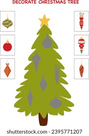 Cut and glue.Decorate the Christmas tree.  Find shadows. Educational Development Worksheet. Cards for kids on a New Year theme. A3 format is ready for printing. Vector file.