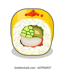 Cut golden dragon sushi roll with crab meat and cucumber, topped with mango slices. Vector illustration isolated on a white background.