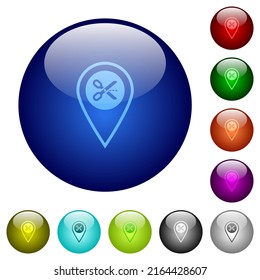 Cut GPS location icons on round glass buttons in multiple colors. Arranged layer structure