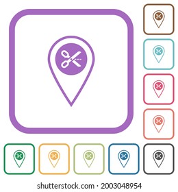 Cut GPS location simple icons in color rounded square frames on white background