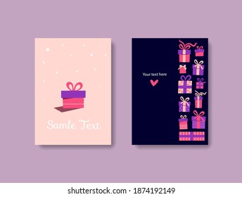 cortar plantilla de tarjeta de saludo en estilo plano. Tarjeta de saludo de vacaciones. Fondo geométrico colorido. Texto de diseño de vacaciones. Decoración de cumpleaños. Impresión decorativa. caja de regalo de vacaciones rosa y morado.