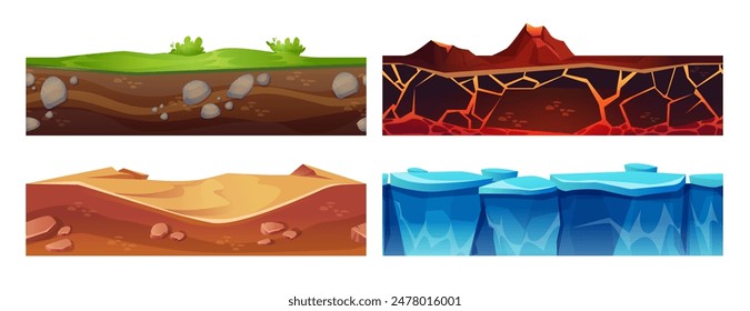 Cut ground layer for game ui platform design. Cartoon vector set of seamless underground texture of soil with green grass, sand in desert, rock with lava and magma, frozen ice and snow