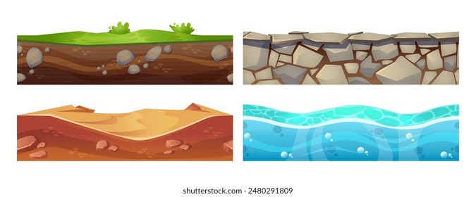 Cut ground layer for game ui platform design. Cartoon vector set of seamless underground texture of soil with green grass, sand in desert, sea or ocean water wave surface and gravel stone road.