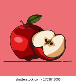 cut half apple in front of apple on red light background