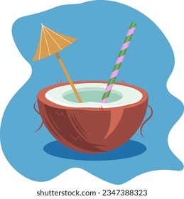 Cut half of a coconut with a straw and an umbrella. Coconut milk cocktail