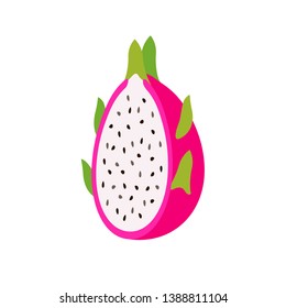 cut half of dragon fruit, Summer tropical fruit, cartoon flat icon, vector illustration sketch isolated on white background