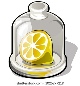 Cut half of a fresh lemon under a glass dome isolated on white background. Vector cartoon close-up illustration.