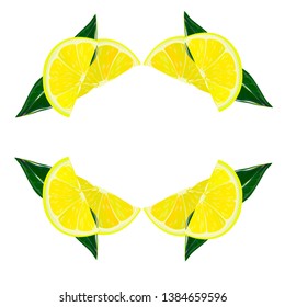 Cut in half, sliced on pieces fresh lemons, leaves, hand drawn vector illustration isolated on white background. Vibrant juicy ripe citrus fruit collection