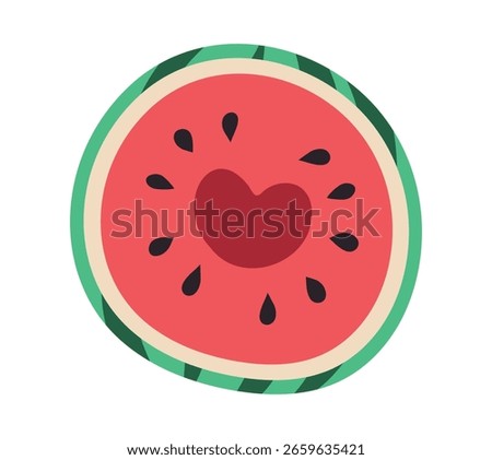 Cut Half of Watermelon with Heart in middle. Piece of fresh summer striped Fruit with seeds, juicy Pulp. Healthy eating with Love, vitamins. Isolated. Flat simple design. Doodle. Vector illustration
