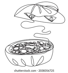 Cut Halloween pumpkin with candies inside. A bowl for sweets for a mystical holiday with dressing up. Element for decorating Halloween cards, banners, invitations, parties. Editable stroke.