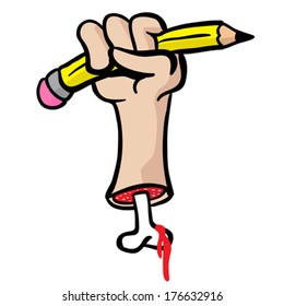 cut hand with bone holding a pencil cartoon doodle