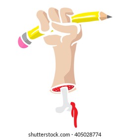 mano corta con hueso sosteniendo una caricatura de lápiz