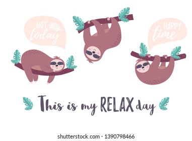 Cut hand drawn sloth. Ffunny Set of cartoon sloth vector illustrations