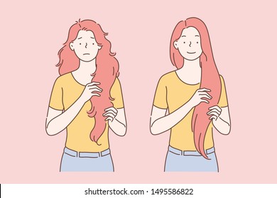 Cut And Healthy Hair Care Concept. Womens Or Girls Hair Before And After Straightening, Treatment Of Damaged Hair. Simple Flat Vector.